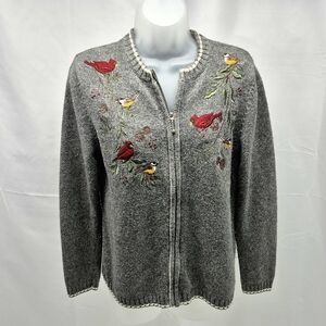 Croft & Barrow Gray Cardinal Embroidered Zip Front Knit Cardigan Sweater Large